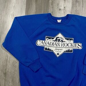 Vintage 90s Canadian Rocky Mountains Jasper Canada Size M Blue Nature Sweatshirt